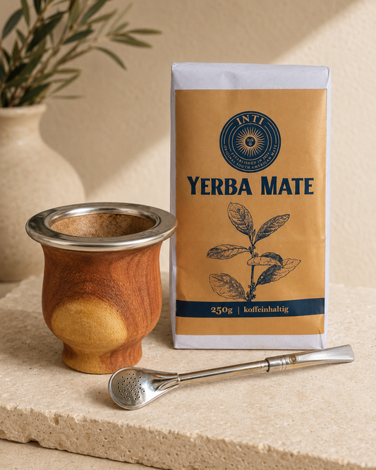 Set: INTI CUP (Holz-Premium, ca. 300 ml) + Clásica Zauberstab (Bombilla, 17,5 cm) + INTI- Yerba Mate